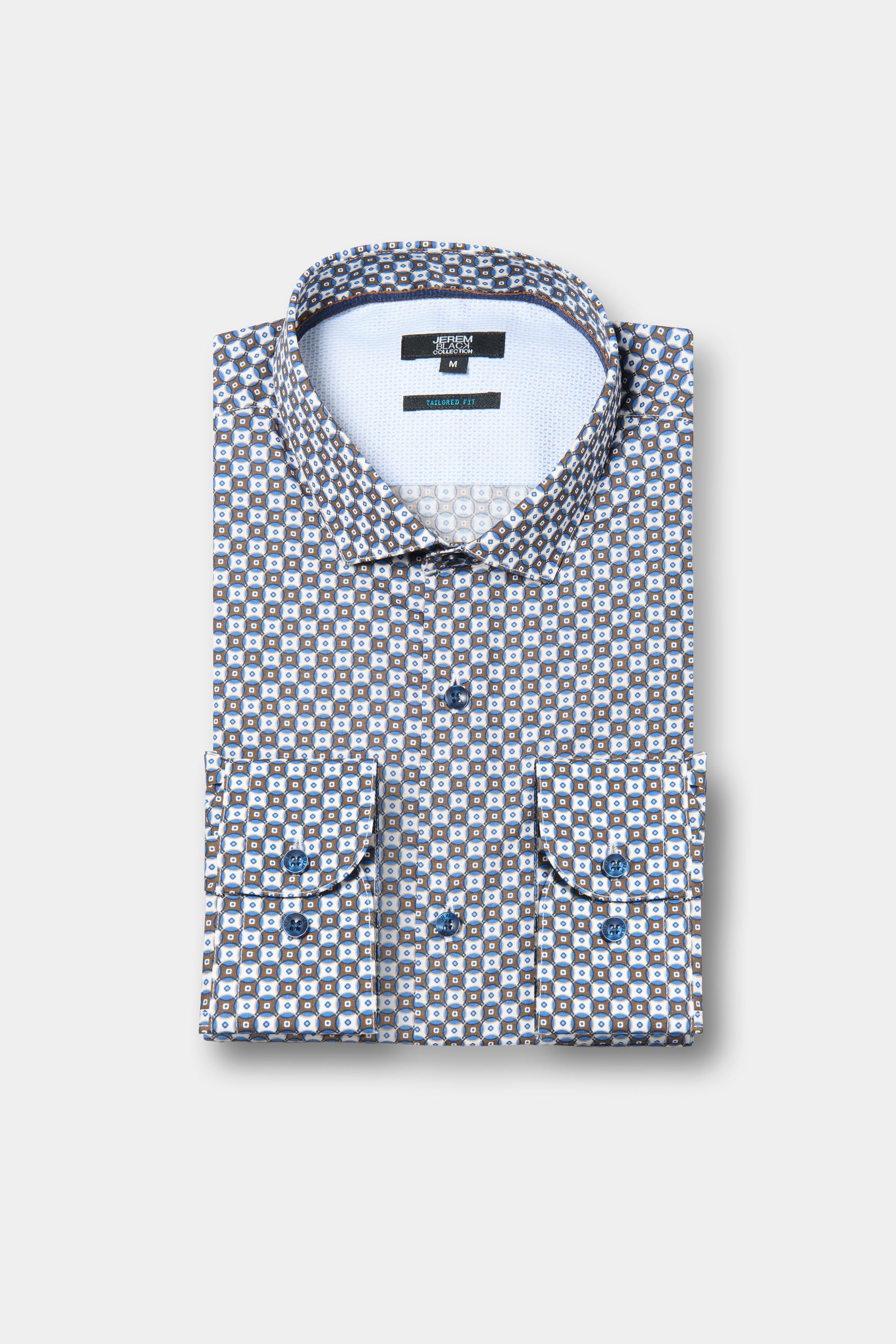 ligne jerem black 
 chemise imprimée à motifs géométriques 
 coupe ajustée avec pinces au dos 
 petit col italien avec baleine amovible 
 poignets carrés à un bouton 
 gros g...